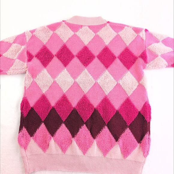 Lush Argyle Coquette Dopamine Button Down Cardigan Sweater Women's Med Oversized - Picture 9 of 9